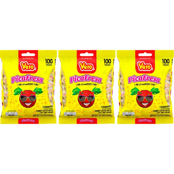 3 Pack - Vero Picafresa Strawberry Chili Powder Covered Gummies 100 Count Vero